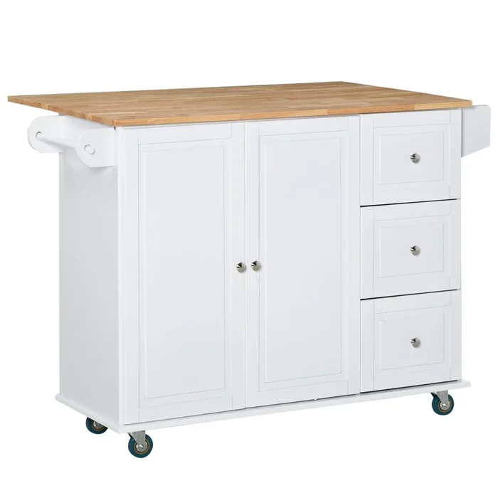 HOMCOM Carro de Cocina con Ruedas Carrito de Servicio con Encimera Extendida 3 Cajones 1 Armario con Estante Ajustable Interior Barra de Colgar y Especiero 128,8×75,5×92,5 cm Blanco