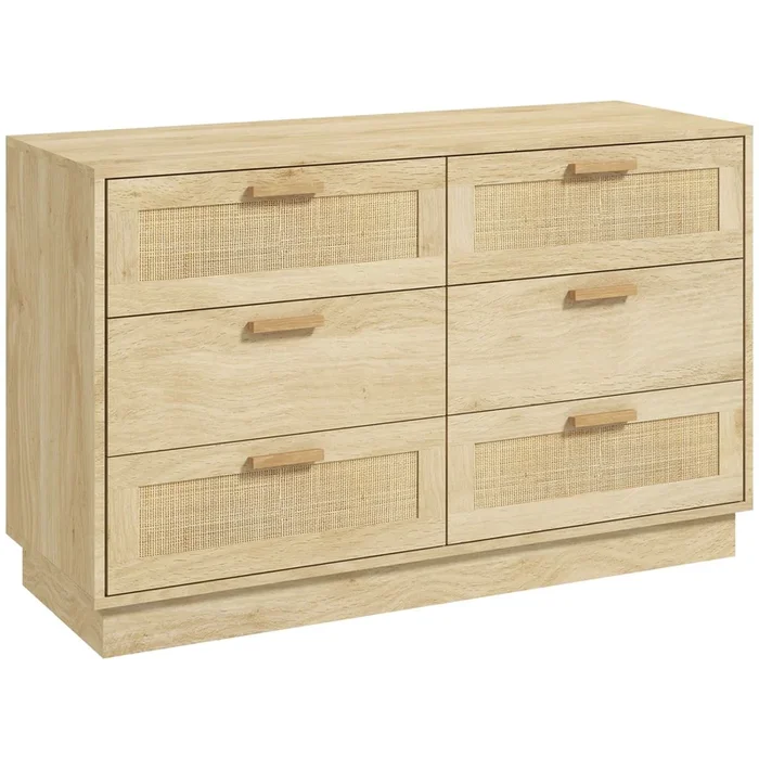 HOMCOM Cómoda de Noche con Cajones de Rejilla de Ratán Cómoda de Dormitorio Estilo Bohemio Antivuelco para Sala 110x40x69 cm Natural