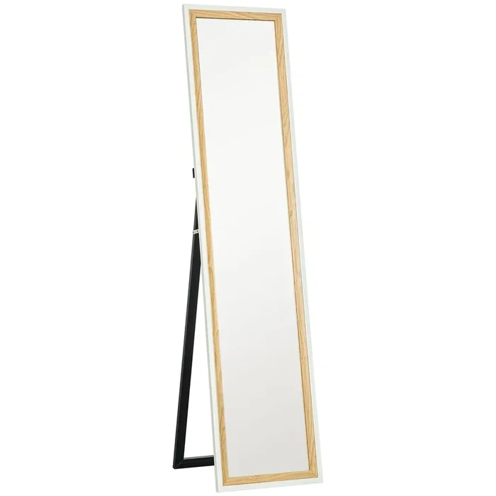 HOMCOM Espejo de Pie Cuerpo Entero 157×37 cm, Espejo Grande de Pared con Marco Bicolor, de Pie, Inclinado o Colgante, para Salón, Dormitorio, Pasillo, Entrada, Blanco y Natural Oscuro
