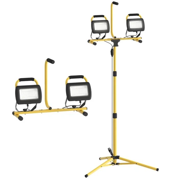 HOMCOM Foco LED Doble de Aluminio con Trípode Plegable 8500 Lúmenes IP65 6500K y Cabezas Ajustables para Trabajo Interior y Exterior Amarillo y Negro