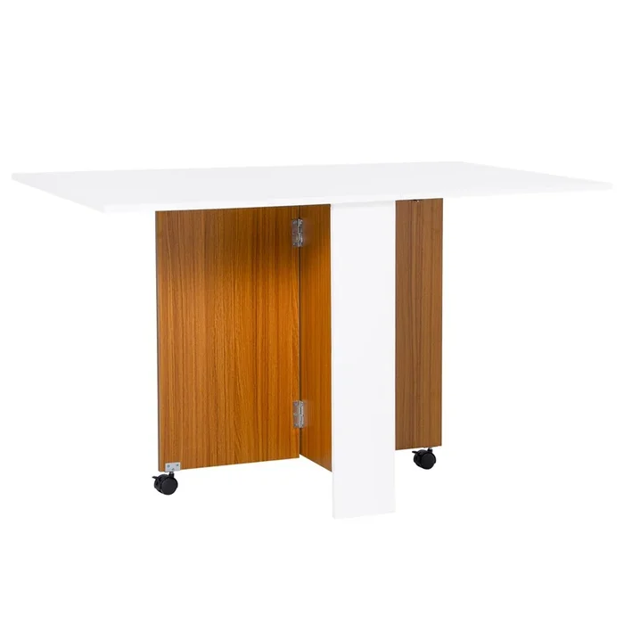 HOMCOM Mesa Plegable de Comedor, Mesa de Cocina Plegable, con Ruedas, Alas Abatibles, Hasta 6 Personas, para Salón, Espacio Pequeño, 120x80x73 cm, Blanco y Teca