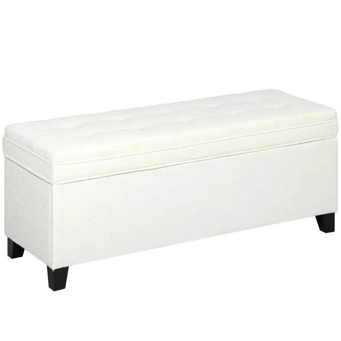 HOMCOM Puff Almacenaje Banco Almacenaje 112L Tapizado en Lino con 2 Bisagras de Seguridad Tapa Abatible y Asiento con Capitoné para Dormitorio Salón Entrada Carga 120 kg 120x40x48 cm Crema