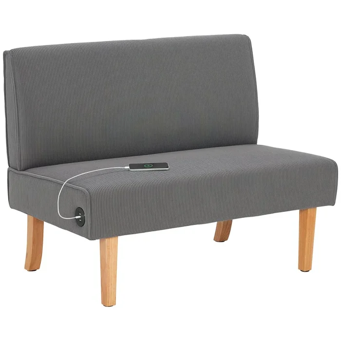 HOMCOM Sofá de 2 Plazas con 2 Puertos USB 1 Puerto Tipo-C Tapizado en Pana Sofá de Salón sin Brazos con Asiento de 20 cm y Patas de Madera Carga 220 kg 110x60x85 cm Gris