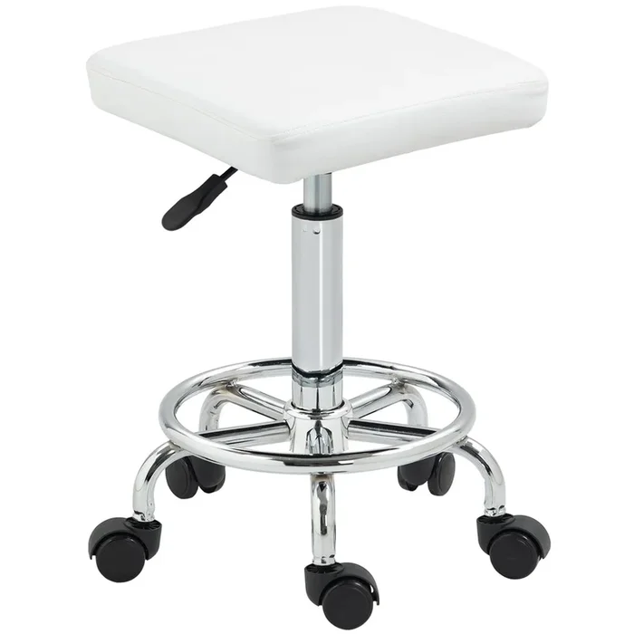 HOMCOM Taburete Giratorio Taburete con Ruedas Altura Regulable 50-66 cm Asiento Tapizado de Cuero Sintético Reposapiés para Salones y Talleres Blanco