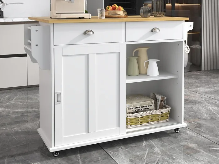 Isla central de cocina – 2 cajones y 2 puertas correderas – patas con ruedas o de madera – Blanco