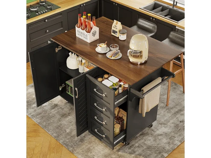 Isla central de cocina – carrito con ruedas y plancha extensible – 2 cajones y 2 puertas – Negro