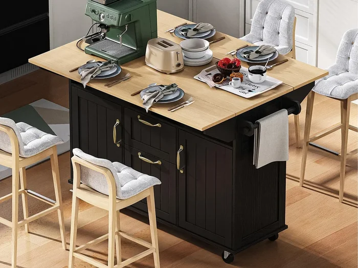Isla de cocina central móvil 120×40-80×92 cm – con ruedas – con USB – 2 cajones y 2 puertas – tablero extensible – con toallero – blanco