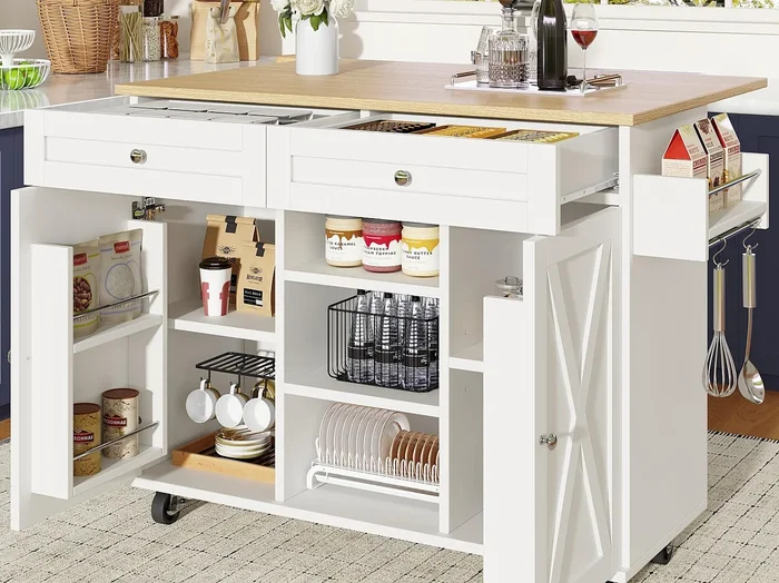Isla de cocina moderna 134×45,2×89 cm – 2 cajones y 2 puertas – encimera extensible – con ruedas – blanco
