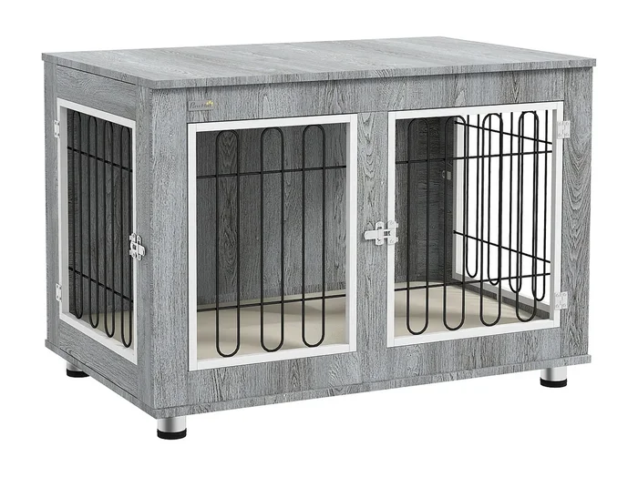 Jaula para perros de doble puerta con cojín, estructura de acero resistente y tela Oxford, gris (90 x 58 x 65 cm)