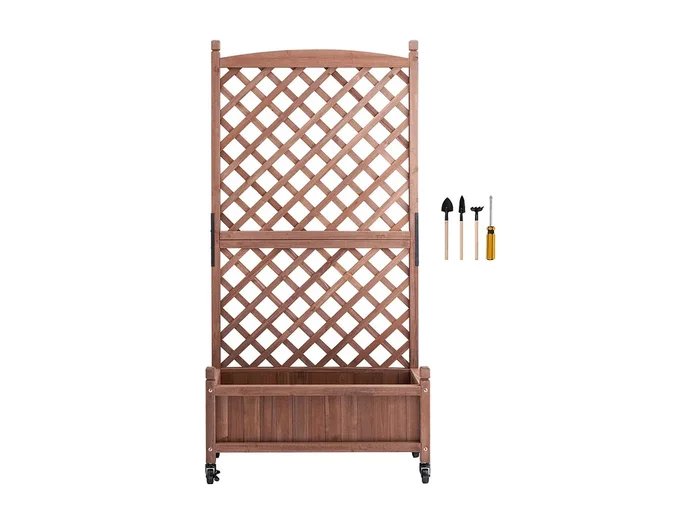 Juego de 2 maceteros con enrejado elevado, 150 x 33 x 156 cm, enrejado de madera para plantas trepadoras con orificios de drenaje