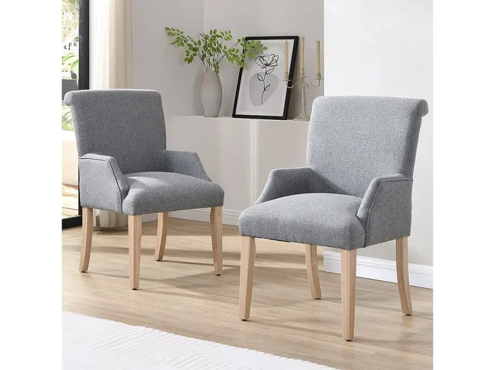 Juego de 2 sillas de cocina con reposabrazos, tela de lino, patas de madera natural clara, color gris