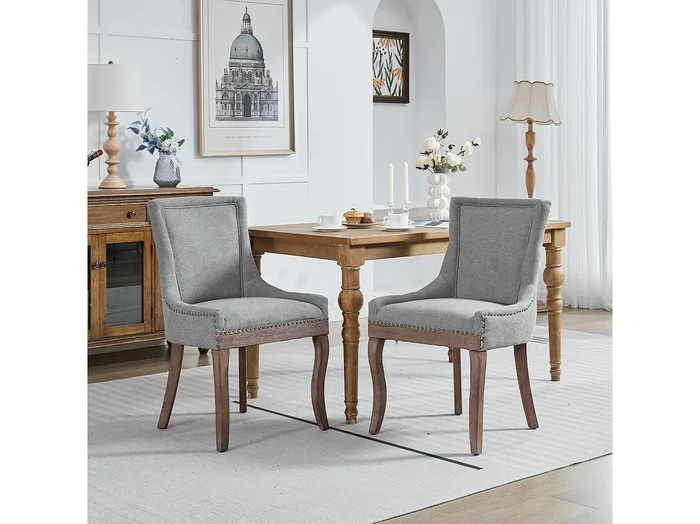 Juego de 2 sillas de comedor – Sillas de comedor con respaldo tapizado y tachuelas de bronce – gris