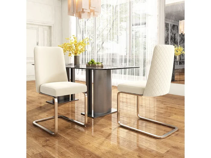 Juego de 2 sillas de comedor – terciopelo beige – con respaldo acolchado y patas de metal plateado