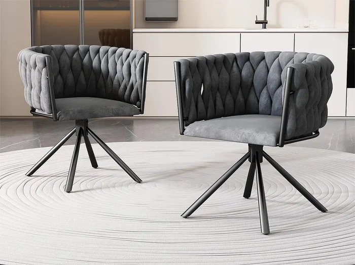 Juego de 2 sillas giratorias de terciopelo con reposabrazos – patas de metal – Gris
