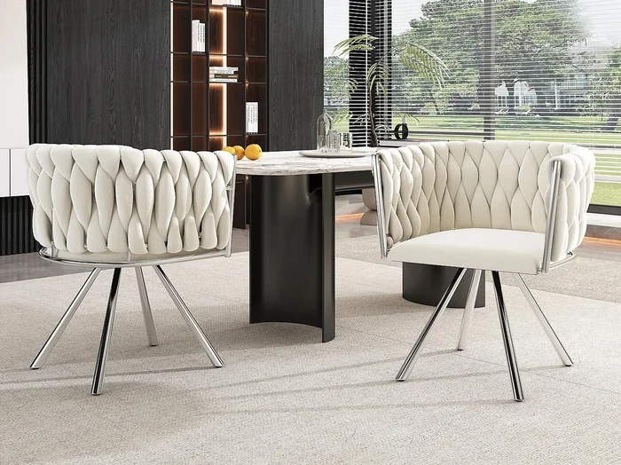 Juego de 2 sillas giratorias de terciopelo con reposabrazos – patas de metal plateado – Beige