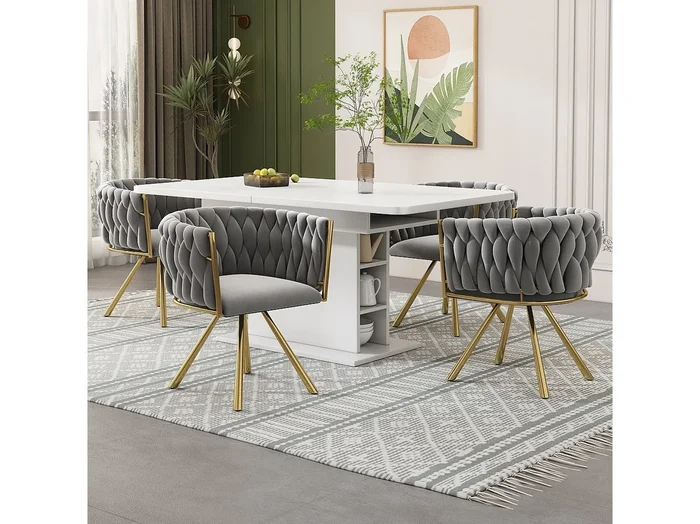 Juego de 4 sillas giratorias de terciopelo gris dorado de diseño moderno de 2 piezas con patas de metal para sala de estar y dormitorio