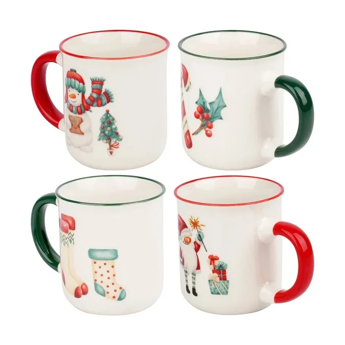 Juego de 4 Tazas de porcelana New Bone de 200ml con diseños Navideños en color rojo Ø8,1×7,5cm