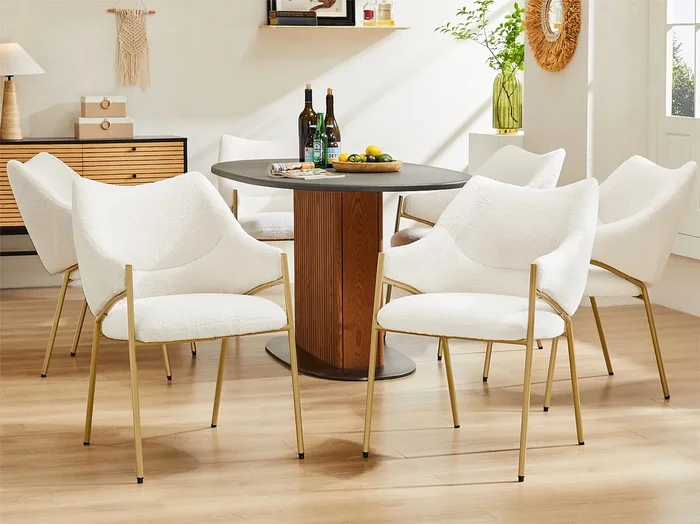 Juego de 6 sillas de comedor con reposabrazos – tejido sherpa – estilo moderno – Beige