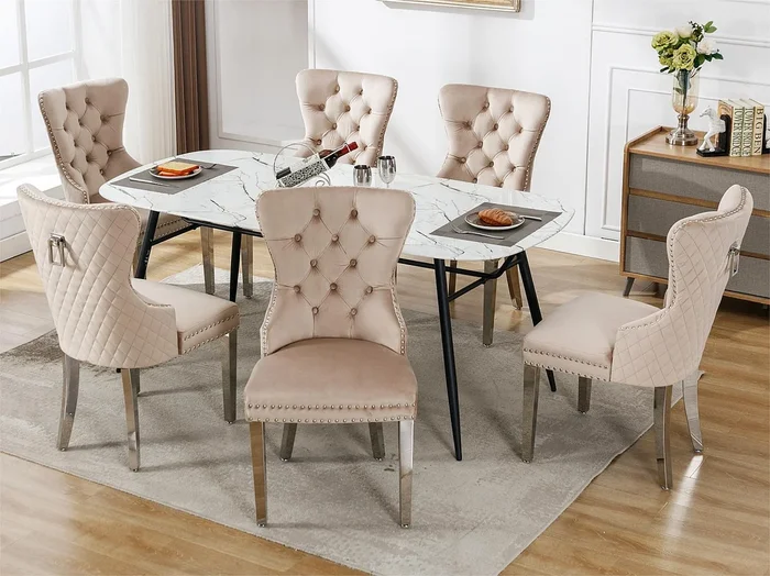 Juego de 6 sillas de terciopelo con patas de metal – Beige