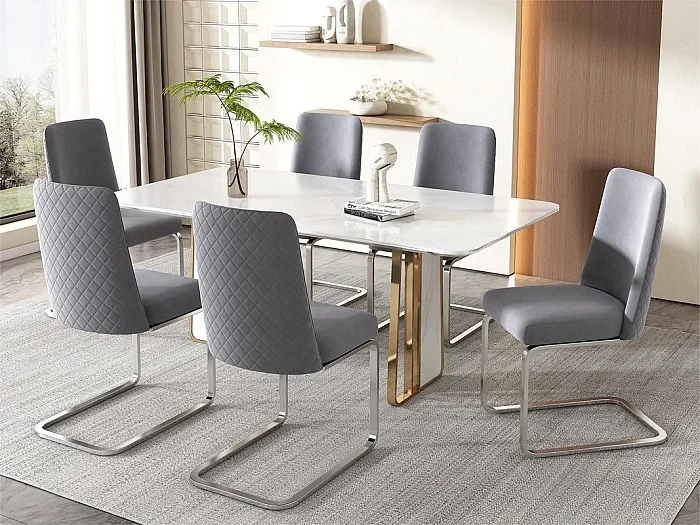 Juego de 6 sillas voladizas de terciopelo – respaldo con diseño de rombos – base de metal plateado – Gris