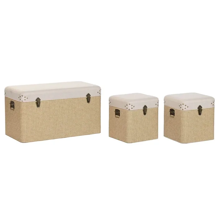 Juego de Baúles Home ESPRIT Beige Natural Poliéster Madera Tradicional 80 x 40 x 44 cm (3 Unidades)