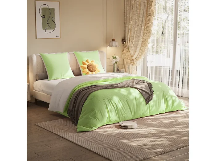 Juego de cama de 3 piezas, funda de almohada*2 (80×80), sábana bajera (140×200) + funda nórdica (140×210), verde, poliéster