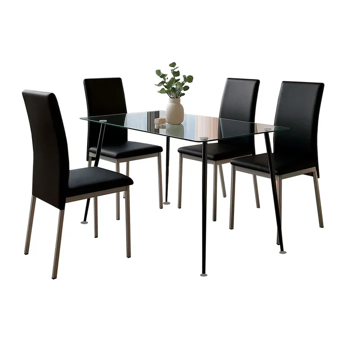 Juego de Comedor Mesa Cristal y 4 Sillas, Juego de Mesa Fija y 4 Sillas Salón, Mesa Rectangular Color Negro