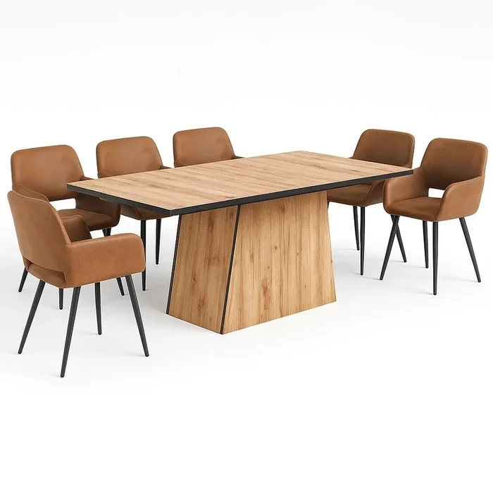 Juego de comedor rectangular efecto madera con 6 sillas de estilo industrial en tejido marrón vintage