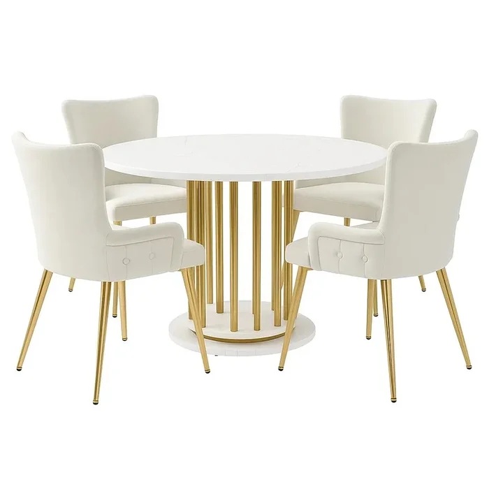 Juego de comedor redondo efecto mármol blanco con base cilíndrica dorada + 2 sillas de terciopelo beige