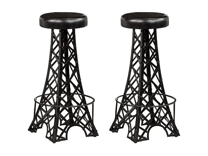 Juego de dos taburetes de bar de diseño, asiento de silla de cuero auténtico negro 1202119