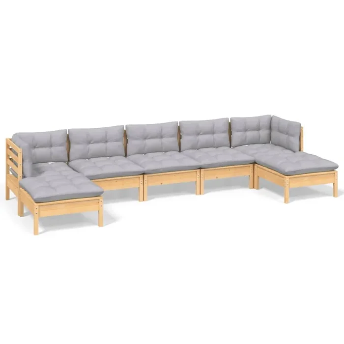 Juego de muebles de jardin 7 piezas y cojines madera pino gris
