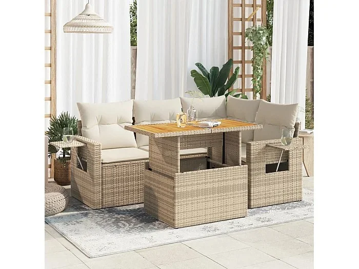 Juego de sofás jardín con cojines 5 piezas ratán sintético beige