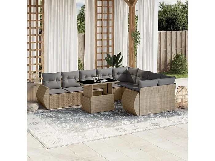 Juego de sofás jardín con cojines beige 10 piezas ratán sintético