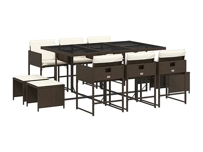 Kirkland Set comedor de jardín 11 pzas y cojines ratán sintético marrón