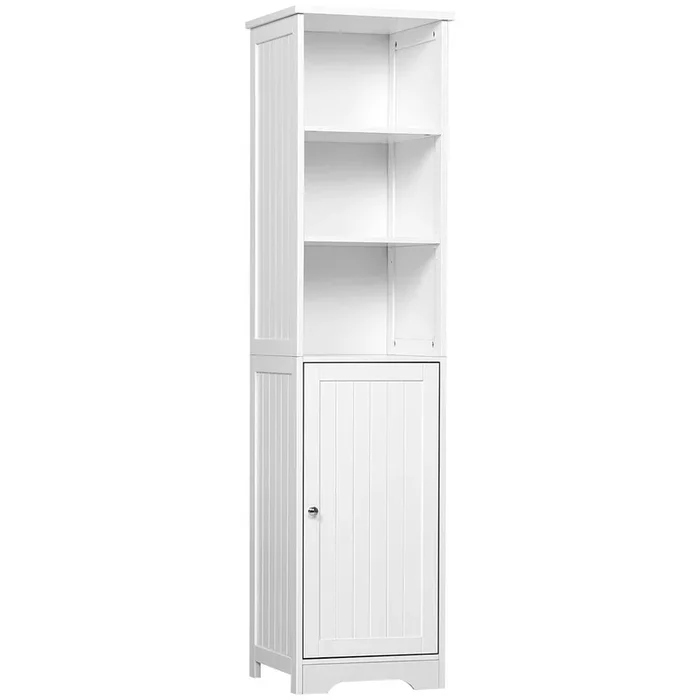 kleankin Armario Alto de Baño de 5 Niveles Columna Auxiliar de Baño con 3 Estantes 1 Puerta y Balda Interior Ajustable 40x38x160 cm Blanco