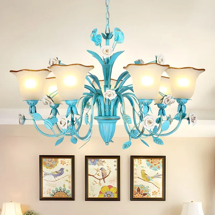 Lámpara colgante de araña pastoral con 7 cabezas de metal LED en azul con decoración de rosa