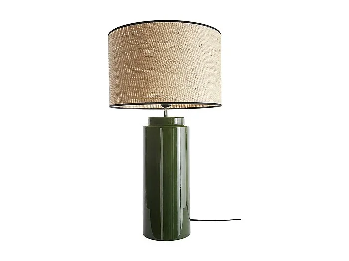 Lámpara de mesa de cerámica esmaltada verde con pantalla de rafia natural 64 cm MAJES