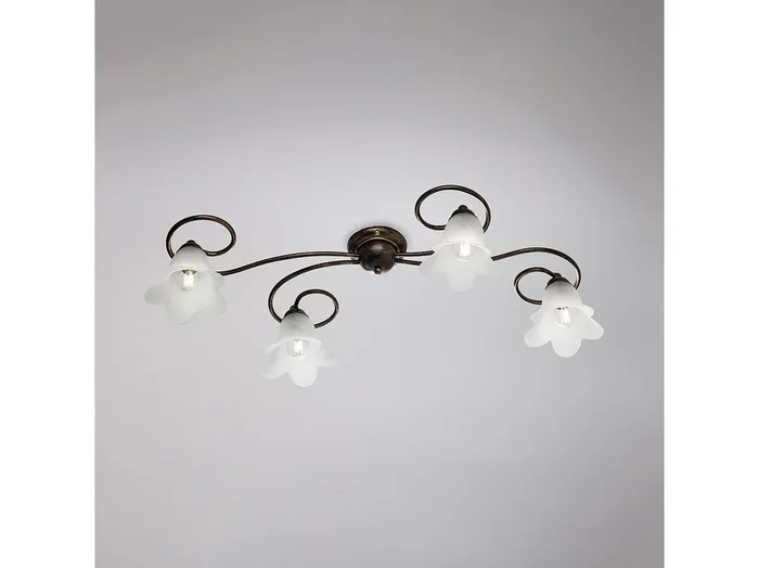 Lámpara de techo Alice en hierro lacado en marrón con decoración. Difusores de oro antiguo y cristal d. 14 alabastro blanco 4 luces L. 87 X 40