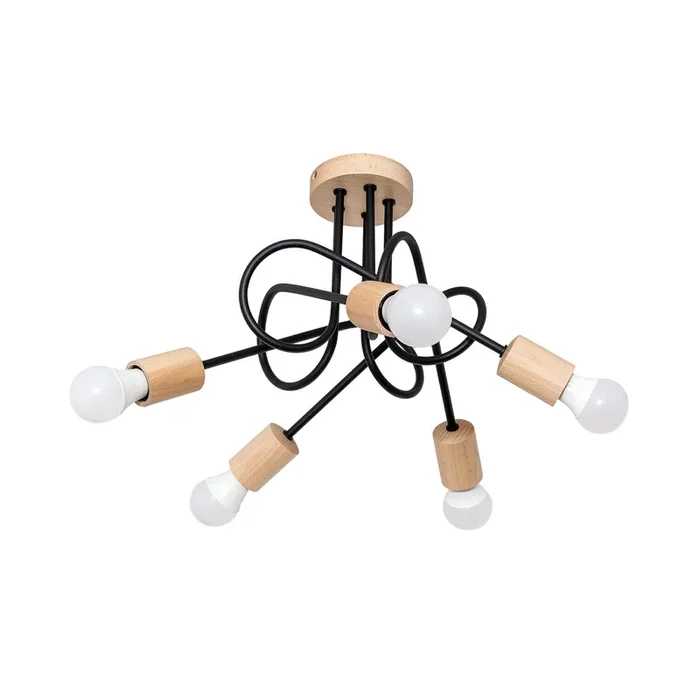 Lámpara de techo Oxford, negro, madera, metal, 5 luces, Ø 47 cm