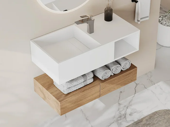 Lavabo suspendido con encimera de solid surface con estante – Blanco – Ancho 80 x Prof. 40 x Alt. 20 cm – GOYOKO