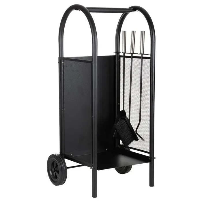 Leñero de metal con herramientas de chimenea negro 35x32x81