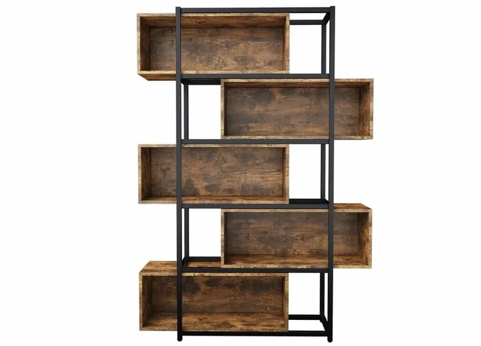 Librería KEICAIRS de 5 niveles con efecto madera marrón y tubo de acero negro