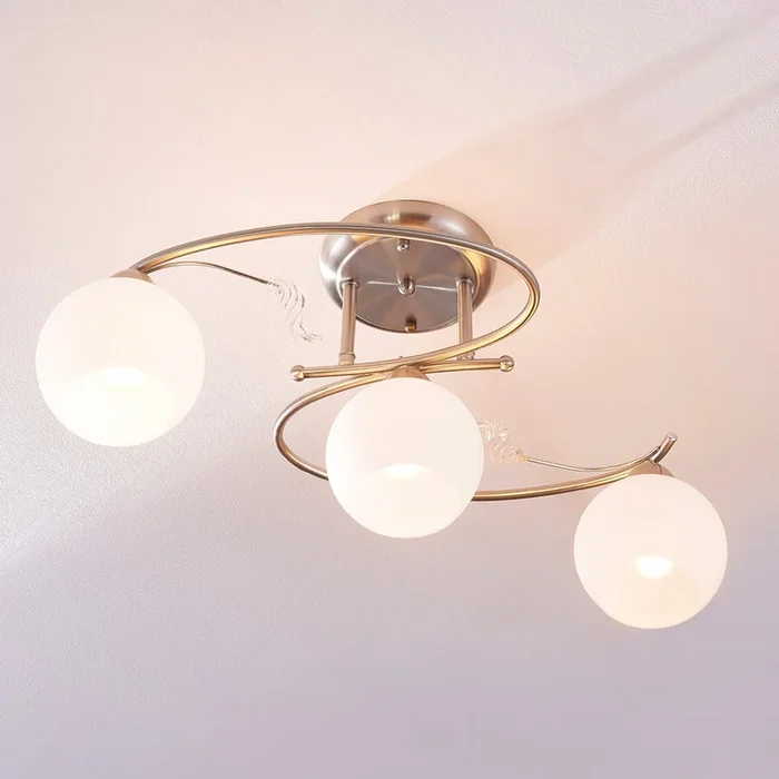 Lindby lámpara de techo Svean, 3 luces, níquel/blanco, cristal, longitud 60 cm