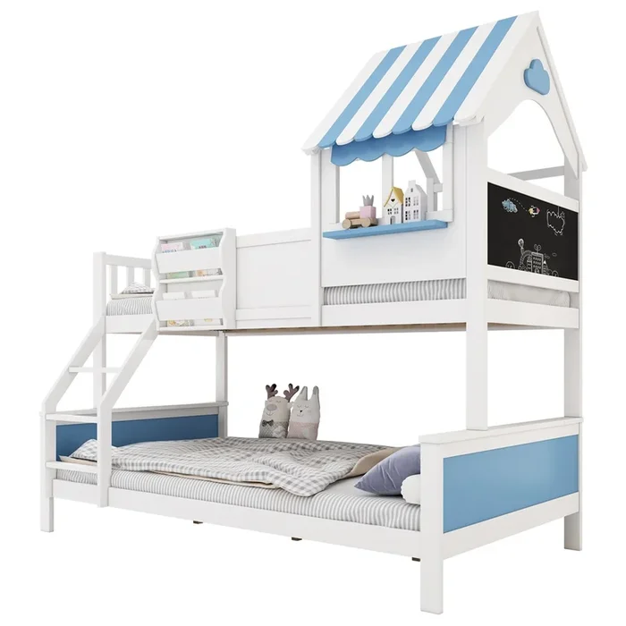 Litera cabaña infantil de madera de pino y mdf 90/120x200cm con pizarra,estante,escalera y protección contra caídas,blanco+azul