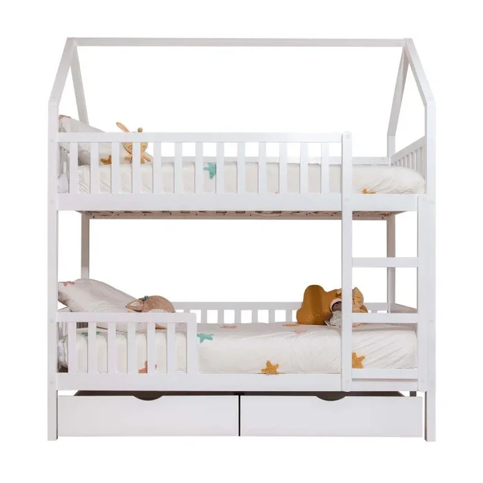 Litera casita + 2 cajones madera blanco 90×190/90x190cm