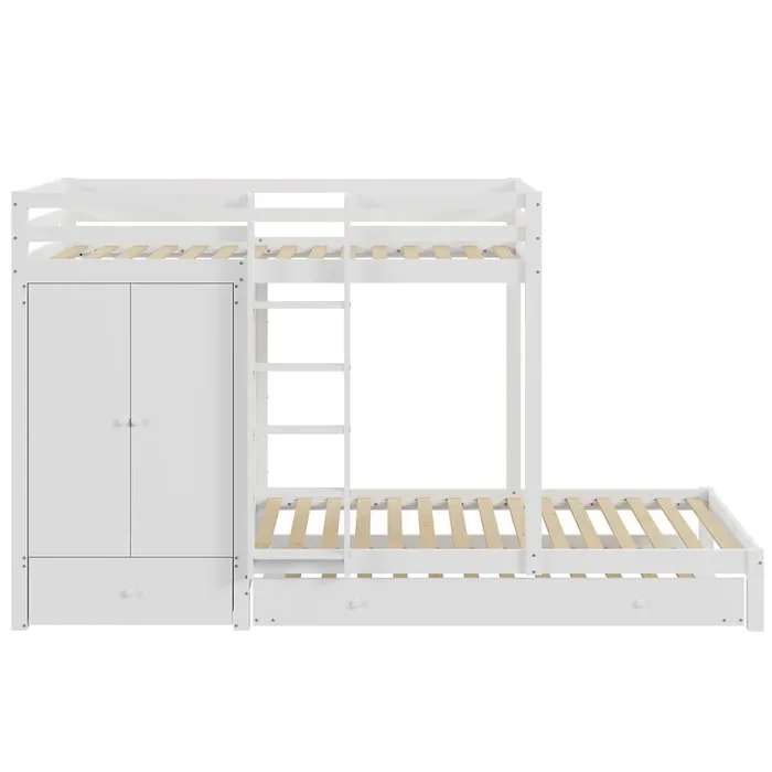 Litera combinada 2x90x200 cm + cama nido 90×190 cm – con 1 armario, 2 cajones y estantes – Blanco