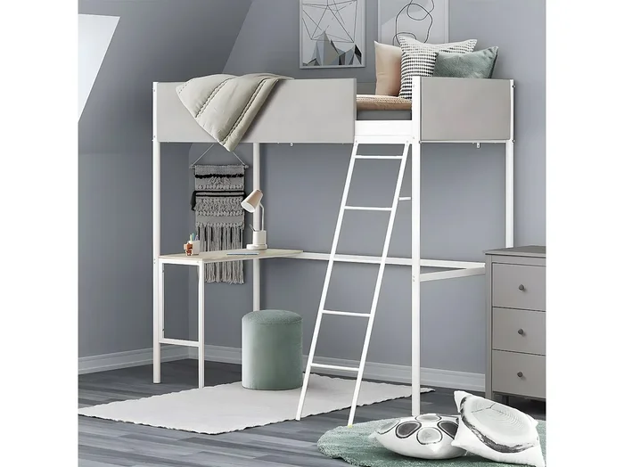 Litera con escritorio integrado en tela gris claro y metal blanco – ROZE