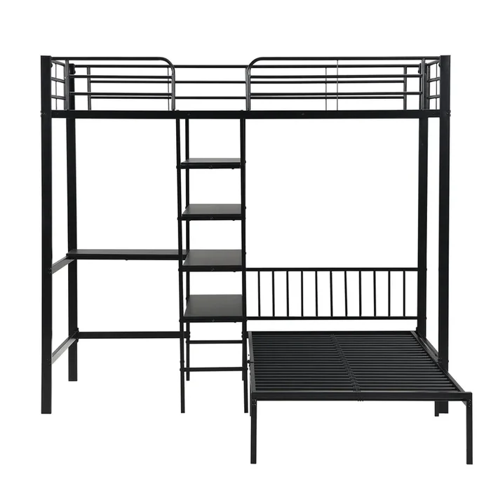 Litera de hierro 90×200 cm – con escritorio y estantes – Negro