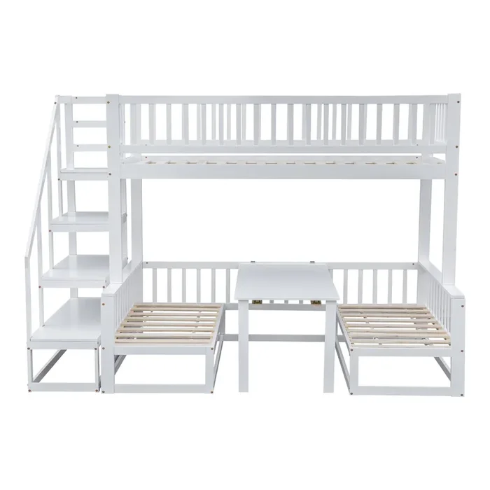 Litera infantil de madera de pino 90/120x200cm con mesa ajustable,escalera con almacenaje y protección contra caídas,blanco