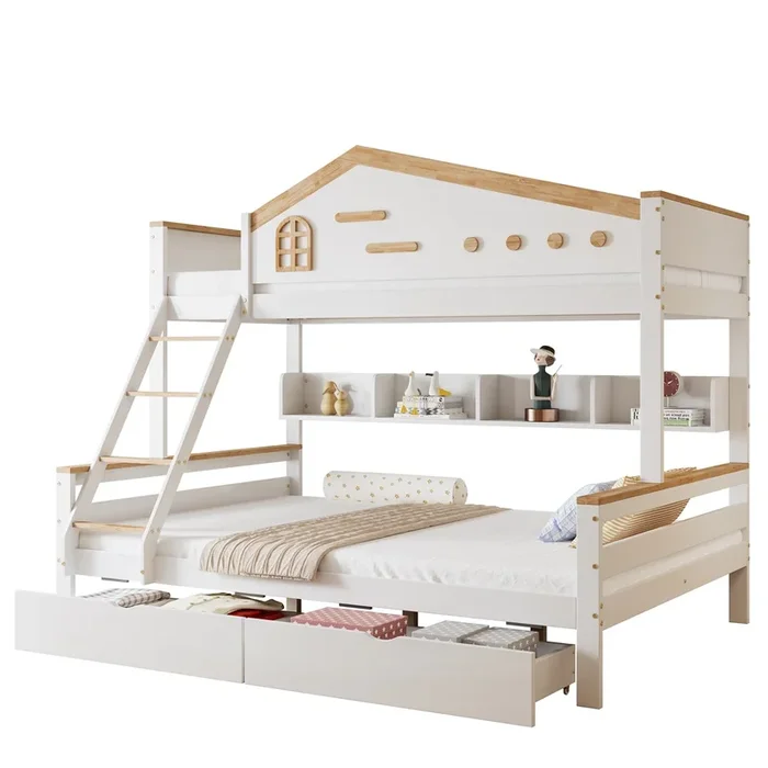 Litera infantil de madera de pino 90×200(140×200)cm con 2 cajónes,blanco+natural